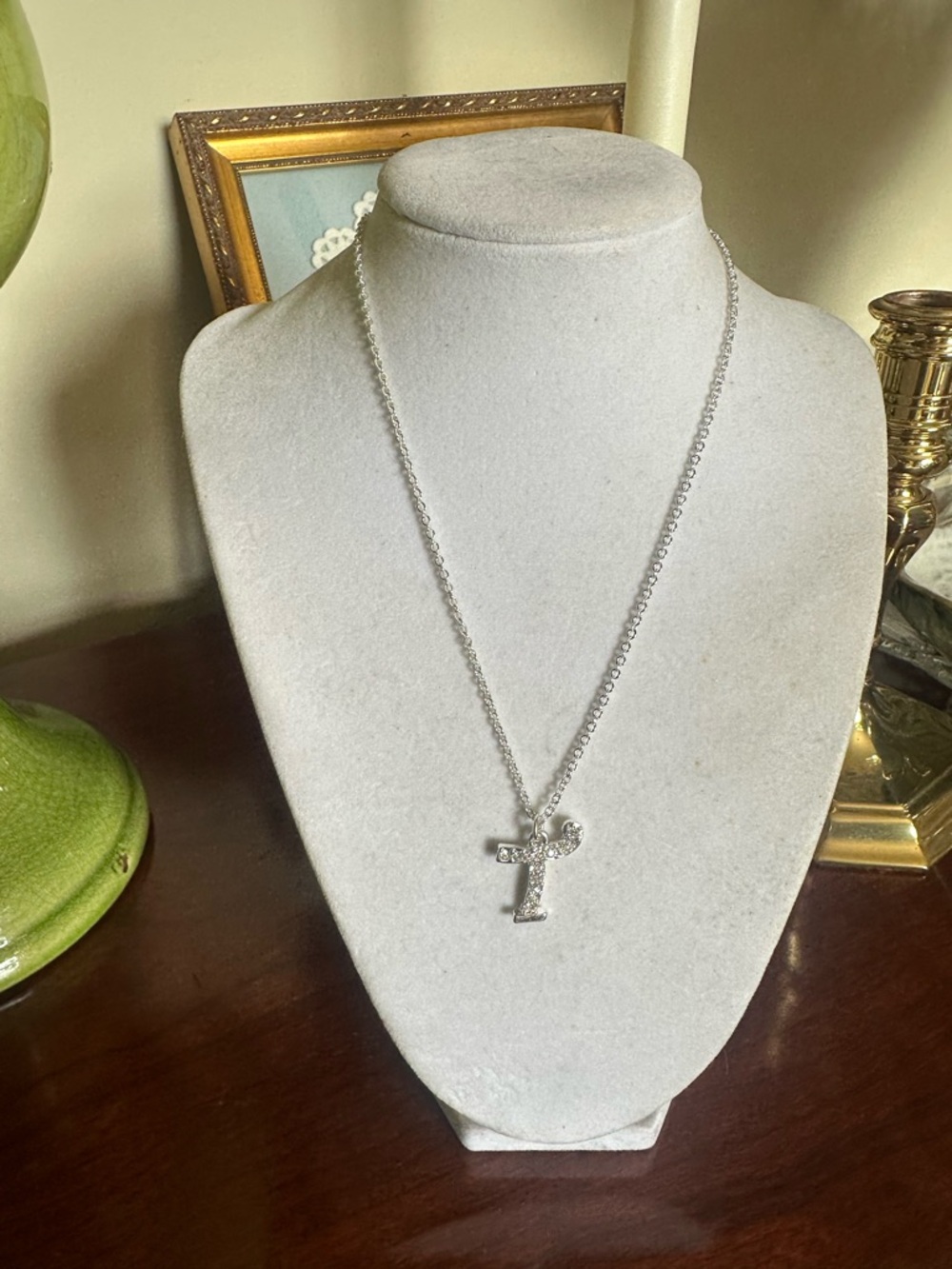 Initial “T” Pendant Necklace‎ Crystal AccentsAdjustable 16”+2” Extender